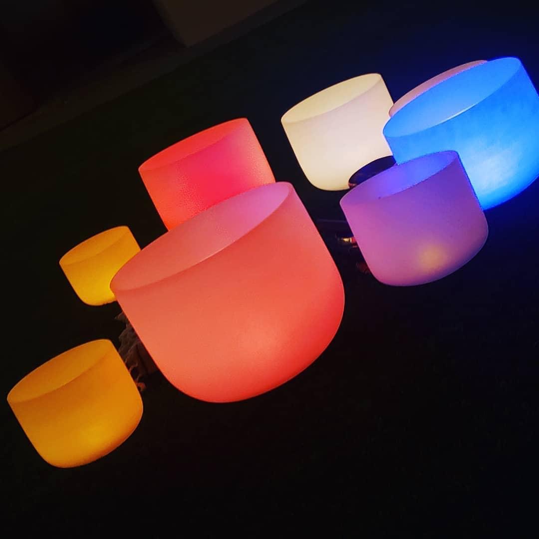 Colored crystal sound bowls